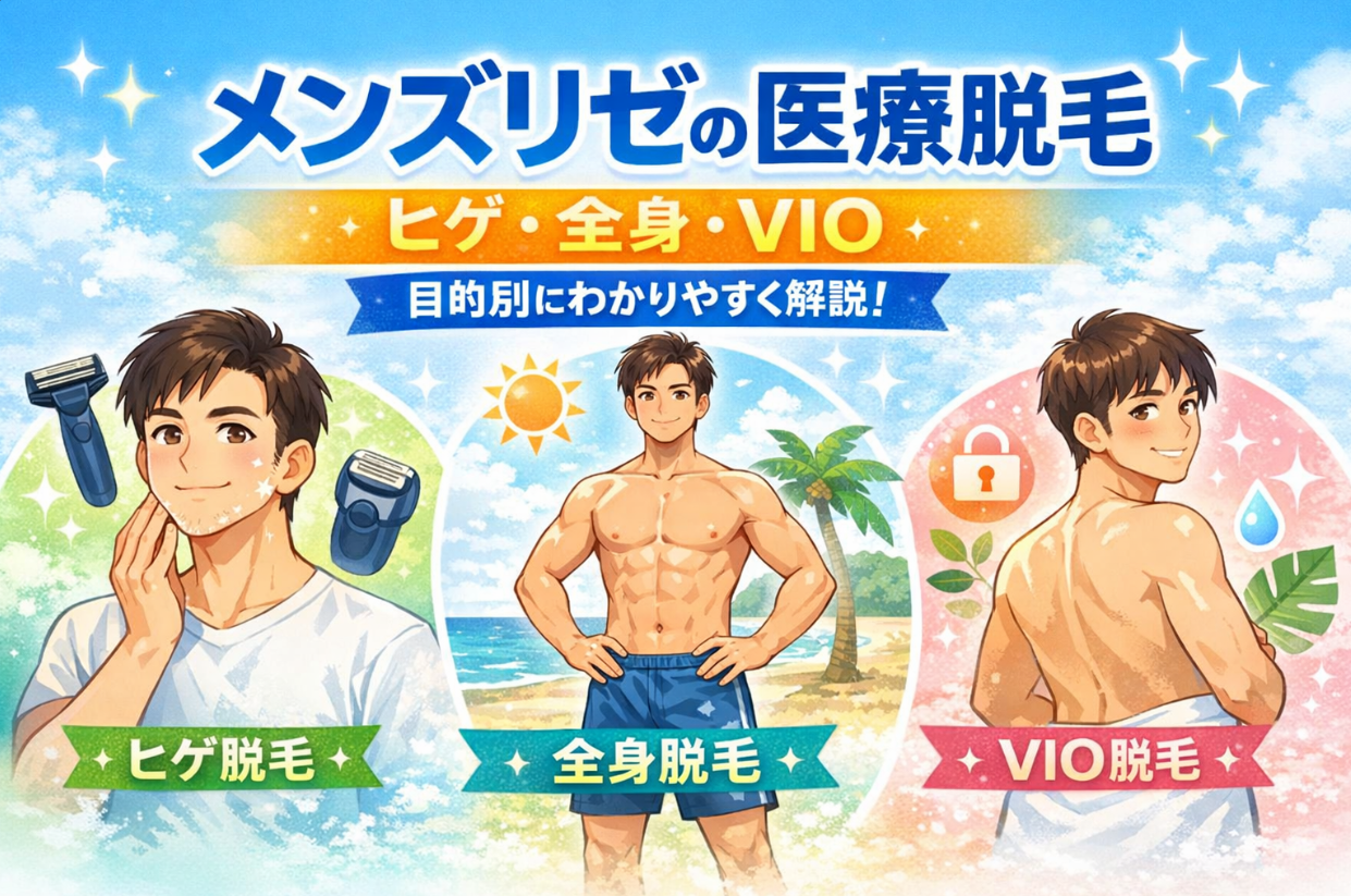 男性向け医療脱毛サービス「メンズリゼ」を紹介する広告風アイキャッチ。ヒゲ・全身・VIOの脱毛で清潔感がアップするイメージ。